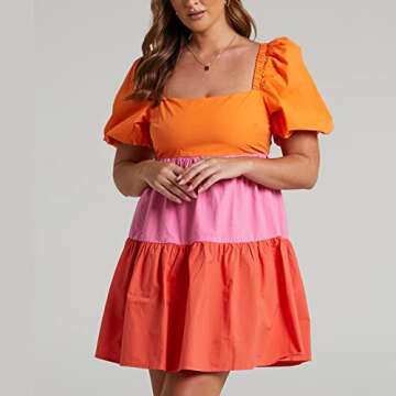 Shy Velvet Women's Casual Party Mini Dress Square Neck Short Bubble Sleeve A-line Loose Summer Dresses Orange Red