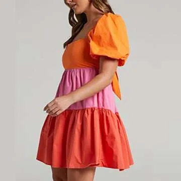 Shy Velvet Women's Casual Party Mini Dress Square Neck Short Bubble Sleeve A-line Loose Summer Dresses Orange Red