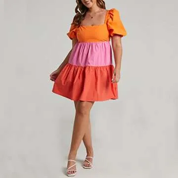 Shy Velvet Women's Casual Party Mini Dress Square Neck Short Bubble Sleeve A-line Loose Summer Dresses Orange Red