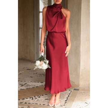 PRETTYGARDEN Women's 2025 Summer Satin Dress Elegant Sleeveless Mock Neck Cocktail Party Maxi Dresses (Dark Wine Red,Small)