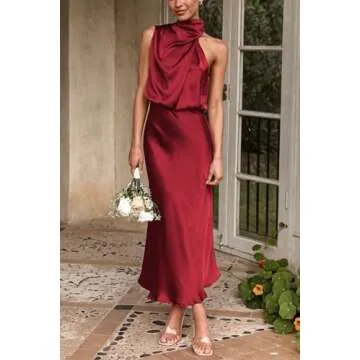 PRETTYGARDEN Women's 2025 Summer Satin Dress Elegant Sleeveless Mock Neck Cocktail Party Maxi Dresses (Dark Wine Red,Small)