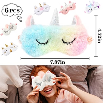 ZeeDix 6 Pack Cute Soft Plush Unicorn Sleeping Mask- Weighted Unicorn Horn Night Blindfold Bed Eye Covers Sleep Mask for Women Girls Kids Favor