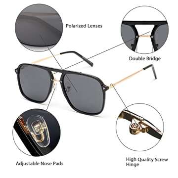 GLINDAR Retro Square Aviator Sunglasses for Men Women, Polarized Lens UV Protection Black/Grey