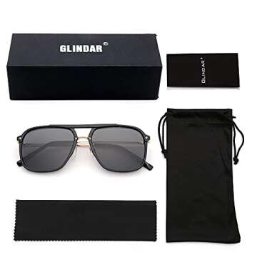 GLINDAR Retro Square Aviator Sunglasses for Men Women, Polarized Lens UV Protection Black/Grey