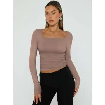 Trendy Queen Womens Long Sleeve Shirts Going Out Basic Crop Tops Fashion Y2k Workout Clothes Square Neck Fall Outfits CoffeeGrey XS