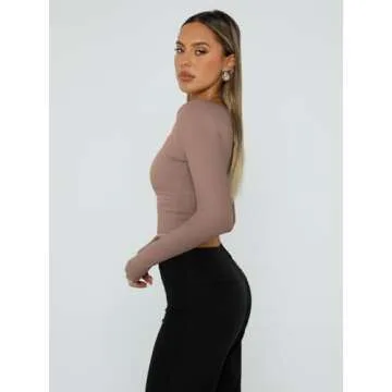 Trendy Queen Womens Long Sleeve Shirts Going Out Basic Crop Tops Fashion Y2k Workout Clothes Square Neck Fall Outfits CoffeeGrey XS
