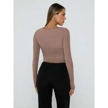 Trendy Queen Womens Long Sleeve Shirts Going Out Basic Crop Tops Fashion Y2k Workout Clothes Square Neck Fall Outfits CoffeeGrey XS