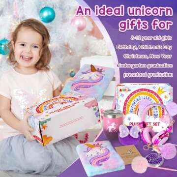 Unicorn Gifts for Girls Age 5 6 7 8 9 10+ Years Old, Birthday Gifts for Girls with 3.5mm Wired Headphone, Plush Diary, Purse, Water Bottle, Christmas Unicorn Toys for Daughter Granddaughter Ages 6-8