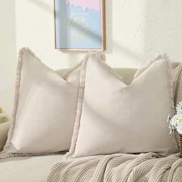 ZWJD Pillow Covers 26x26 Set of 2 Beige Throw Pillow Covers with Fringe Chic Cotton Decorative Pillo...