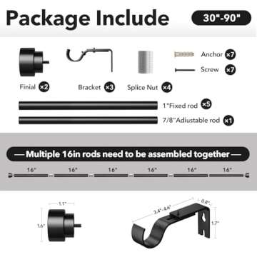 IFELS Heavy Duty Curtain Rods for Windows 48 to 84 Inch, 1 Inch Adjustable Black Curtain Rod Set with Easy Installation and Modern Design (A1,Black,30-90")