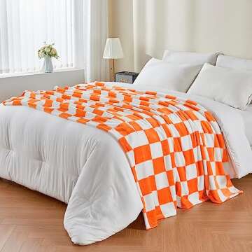 BEDELITE Checkered Throw Blanket for Couch and Bed, Luxurious Fleece Blanket with Checkerboard Grid Home Decor, Soft Cozy Orange and White Warm Blankets for Spring, 50"x60"