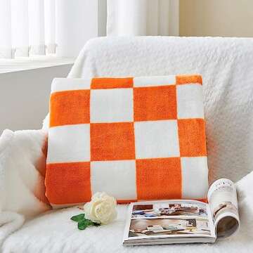 BEDELITE Checkered Throw Blanket for Couch and Bed, Luxurious Fleece Blanket with Checkerboard Grid Home Decor, Soft Cozy Orange and White Warm Blankets for Spring, 50"x60"