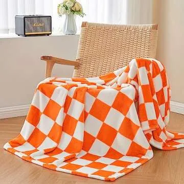 BEDELITE Checkered Throw Blanket for Couch and Bed, Luxurious Fleece Blanket with Checkerboard Grid Home Decor, Soft Cozy Orange and White Warm Blankets for Spring, 50"x60"