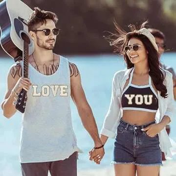 26 PCS White Iron On Letter Patches, Stick on Chenille Letters Patches Applique Sewing Clothing Badges with Glitters Border for Shirts Jackets Jeans Hats Bags Shoes