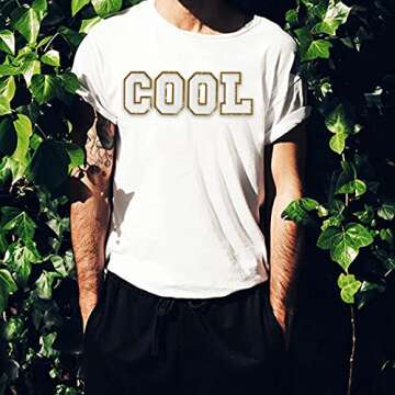 26 PCS White Iron On Letter Patches, Stick on Chenille Letters Patches Applique Sewing Clothing Badges with Glitters Border for Shirts Jackets Jeans Hats Bags Shoes