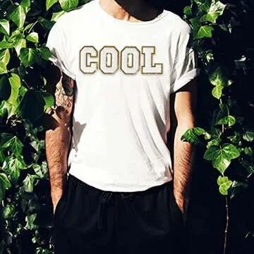 26 PCS White Iron On Letter Patches, Stick on Chenille Letters Patches Applique Sewing Clothing Badges with Glitters Border for Shirts Jackets Jeans Hats Bags Shoes