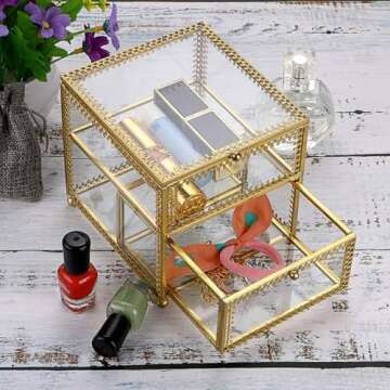 Hipiwe Vintage Glass Jewelry Trinket Box - Geometric Golden Vanity Organizer holder with Drawer, Decorative Jewelry Display Case for Storage Bracelets Necklace Watch Rings