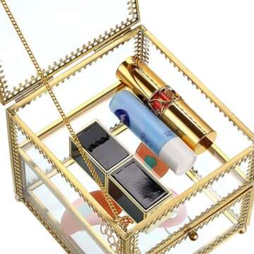 Hipiwe Vintage Glass Jewelry Trinket Box - Geometric Golden Vanity Organizer holder with Drawer, Decorative Jewelry Display Case for Storage Bracelets Necklace Watch Rings
