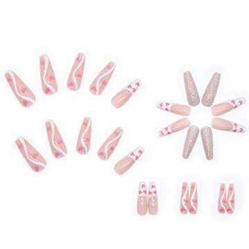 DANMANR Long Press on Nails Square French Fake Nails Full Cover Nude Acrylic False Nails for Women and Girls 24PCS (Pink Shiny Coffin)