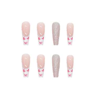 DANMANR Long Press on Nails Square French Fake Nails Full Cover Nude Acrylic False Nails for Women and Girls 24PCS (Pink Shiny Coffin)