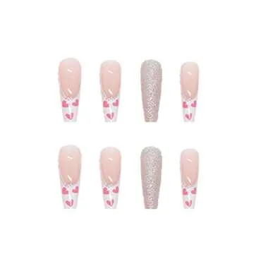 DANMANR Long Press on Nails Square French Fake Nails Full Cover Nude Acrylic False Nails for Women and Girls 24PCS (Pink Shiny Coffin)