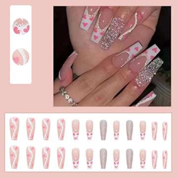 DANMANR Long Press on Nails Square French Fake Nails Full Cover Nude Acrylic False Nails for Women and Girls 24PCS (Pink Shiny Coffin)