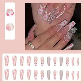 DANMANR Long Press on Nails Square French Fake Nails Full Cover Nude Acrylic False Nails for Women and Girls 24PCS (Pink Shiny Coffin)