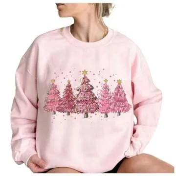 Women clothes Pink Christmas Sweatshirts for Women Novelty Funny Santa Xmas Tree Graphic Pullover Tops Loose Casual Fleece Shirts Pink S