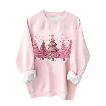 Women clothes Pink Christmas Sweatshirts for Women Novelty Funny Santa Xmas Tree Graphic Pullover Tops Loose Casual Fleece Shirts Pink S