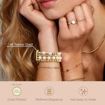 AIRSPO Gold Beaded Bracelets Compatible for Apple Watch Band 38mm 40mm 41mm Women, 14K Gold Plated Bead iPhone Watch Bands Elastic Stretchy Strap for iWatch Series SE 8 7 6 5 4 3 2 1,Large