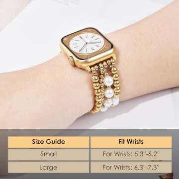 AIRSPO Gold Beaded Bracelets Compatible for Apple Watch Band 38mm 40mm 41mm Women, 14K Gold Plated Bead iPhone Watch Bands Elastic Stretchy Strap for iWatch Series SE 8 7 6 5 4 3 2 1,Large