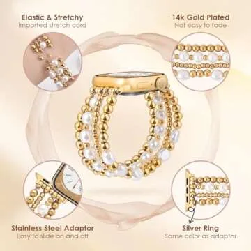 AIRSPO Gold Beaded Bracelets Compatible for Apple Watch Band 38mm 40mm 41mm Women, 14K Gold Plated Bead iPhone Watch Bands Elastic Stretchy Strap for iWatch Series SE 8 7 6 5 4 3 2 1,Large
