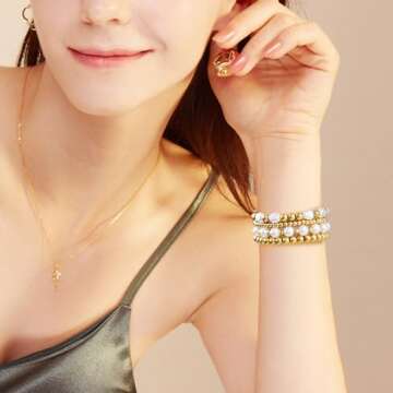 AIRSPO Gold Beaded Bracelets Compatible for Apple Watch Band 38mm 40mm 41mm Women, 14K Gold Plated Bead iPhone Watch Bands Elastic Stretchy Strap for iWatch Series SE 8 7 6 5 4 3 2 1,Large