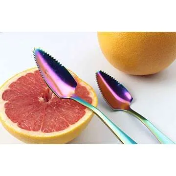 Stainless Steel Grapefruit Spoons for Citrus Fruit, Rainbow Magic Mirror Finish Serrated Grapefruit Spoons, Watermelon Dessert Spoon Set of 4