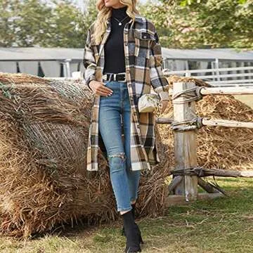 Ainangua Women's Casual Wool Blend Long Plaid Shirt Jacket Button Down Pocketed Shirt Shacket (Khaki, S)