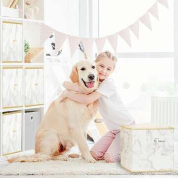 DAMAHOME Storage Cubes Organizer Bins - 13inch Foldable Decorative Crystal Diamond Knob, Closet Shelf Baskets, White Nursery Bins for Home & Office 4-Pack (Marble)