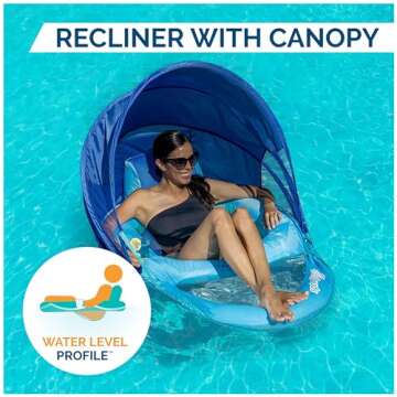 SwimWays Spring Float Canopy Recliner Chair for Swimming Pool, Inflatable Pool Floats Adult with Adjustable Canopy, Fast Inflation & Cup Holder, Blue