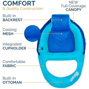 SwimWays Spring Float Canopy Recliner Chair for Swimming Pool, Inflatable Pool Floats Adult with Adjustable Canopy, Fast Inflation & Cup Holder, Blue