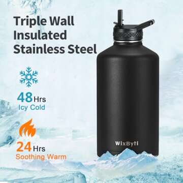WixByti One Gallon Water Bottle Insulated, Triple Wall Vacuum Cold for 48 Hrs & Leak-proof & Non-BPA...