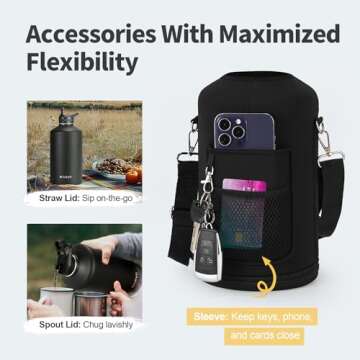 WixByti One Gallon Water Bottle Insulated, Triple Wall Vacuum Cold for 48 Hrs & Leak-proof & Non-BPA, 128oz Large Sports Stainless Steel Water Jug with Paracord Handle Straw Spout Lids & DIY Stickers