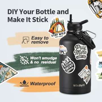 WixByti One Gallon Water Bottle Insulated, Triple Wall Vacuum Cold for 48 Hrs & Leak-proof & Non-BPA, 128oz Large Sports Stainless Steel Water Jug with Paracord Handle Straw Spout Lids & DIY Stickers