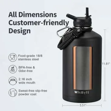 WixByti One Gallon Water Bottle Insulated, Triple Wall Vacuum Cold for 48 Hrs & Leak-proof & Non-BPA, 128oz Large Sports Stainless Steel Water Jug with Paracord Handle Straw Spout Lids & DIY Stickers