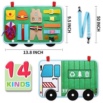 Toddler Busy Board, 14 in 1 Activity Board(Garbage Car Style), Montessori Sensory Toy for Fine Motor...