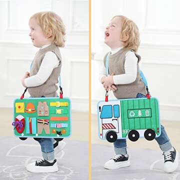 Toddler Busy Board, 14 in 1 Activity Board(Garbage Car Style), Montessori Sensory Toy for Fine Motor Skills, Learning Toy for Airplane or Car Travel, Preschool Educational Gift for Kids Boys Girls