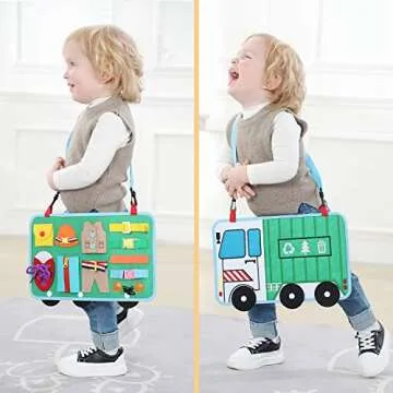 Toddler Busy Board, 14 in 1 Activity Board(Garbage Car Style), Montessori Sensory Toy for Fine Motor Skills, Learning Toy for Airplane or Car Travel, Preschool Educational Gift for Kids Boys Girls