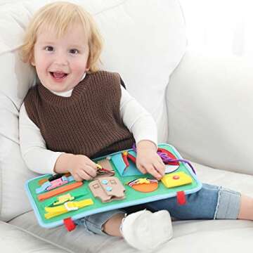 Toddler Busy Board, 14 in 1 Activity Board(Garbage Car Style), Montessori Sensory Toy for Fine Motor Skills, Learning Toy for Airplane or Car Travel, Preschool Educational Gift for Kids Boys Girls