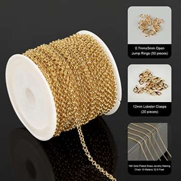 YOUBEIYEE 18K Gold Plated Brass Jewelry Making Chain, 10 Meters Circle Rolo Chains Bulk with 50pcs J...