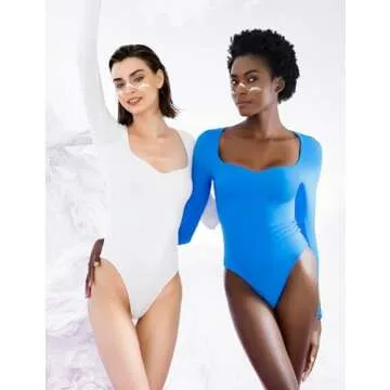 PUMIEY White Long Sleeve Bodysuits for Women Sweetheart Neck Body Suits Going Out Tops, Splashed White X-Small