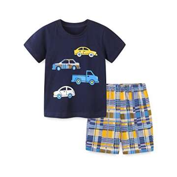 Boys Short Sets Summer Outfits Cotton Casual Crewneck Blue Car Short Tee Shirt Knite Shorts Beach Cl...