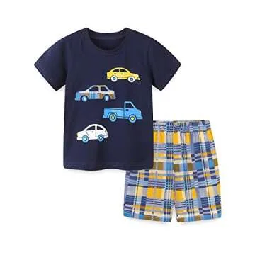 Boys Short Sets Summer Outfits Cotton Casual Crewneck Blue Car Short Tee Shirt Knite Shorts Beach Cl...